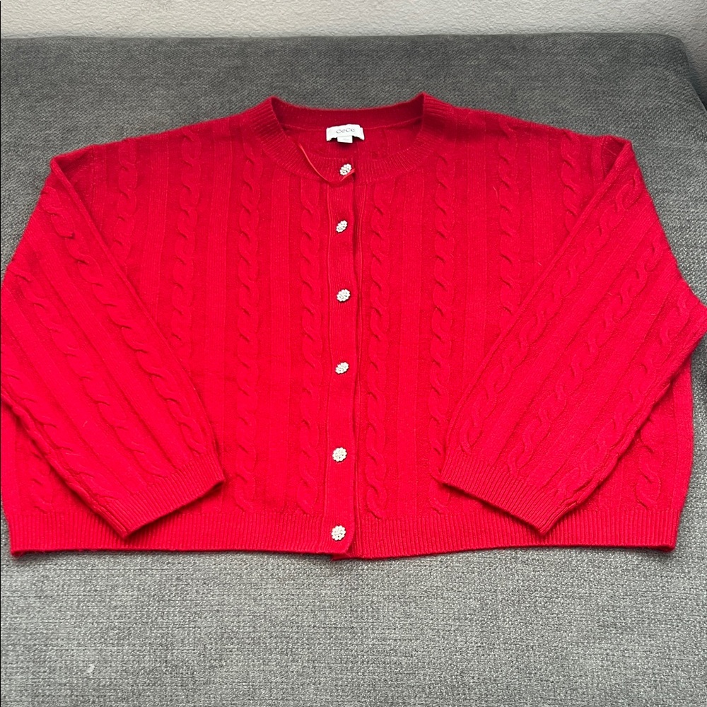 CeCe Bright Red Cable-Knit Button Cardigan